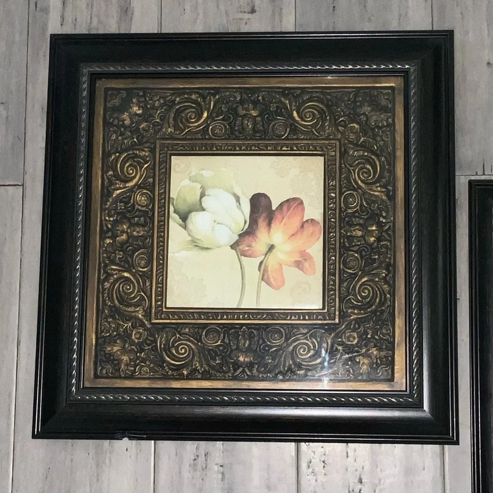 Pair Of Peonies Matted Framed Pictures~Antique Bronze & Brown Frames~Traditional